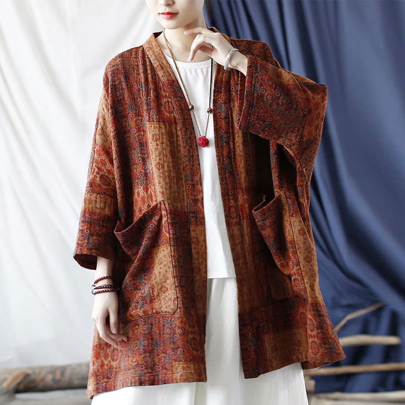 Buddha Stones – Orangefarbene Baumwolljacke mit geometrischem Blumenmuster und offener Vorderseite und Taschen - image 21