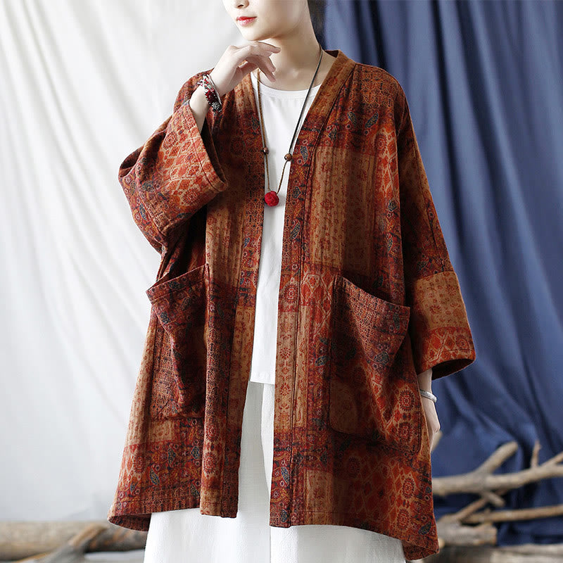Buddha Stones – Orangefarbene Baumwolljacke mit geometrischem Blumenmuster und offener Vorderseite und Taschen - image 18
