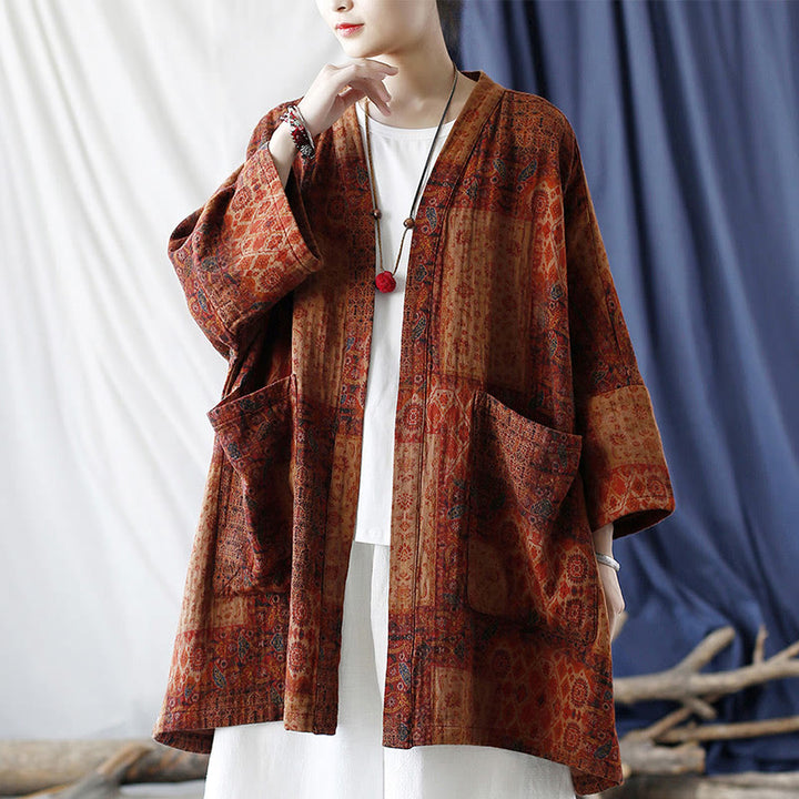 Buddha Stones – Orangefarbene Baumwolljacke mit geometrischem Blumenmuster und offener Vorderseite und Taschen - image 18