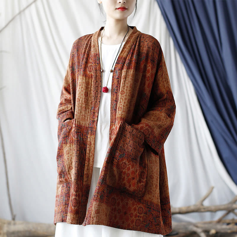 Buddha Stones – Orangefarbene Baumwolljacke mit geometrischem Blumenmuster und offener Vorderseite und Taschen - image 17