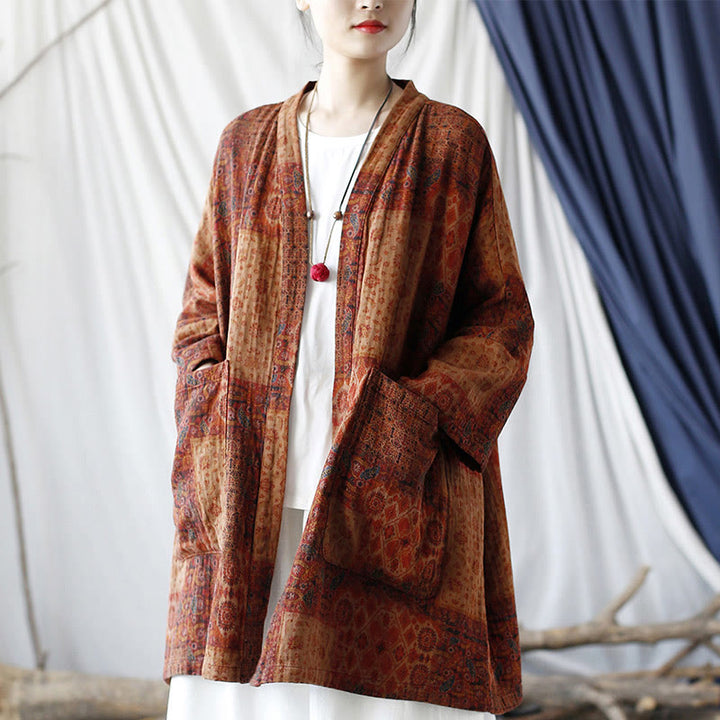 Buddha Stones – Orangefarbene Baumwolljacke mit geometrischem Blumenmuster und offener Vorderseite und Taschen - image 17