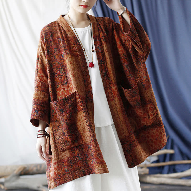 Buddha Stones – Orangefarbene Baumwolljacke mit geometrischem Blumenmuster und offener Vorderseite und Taschen - image 19