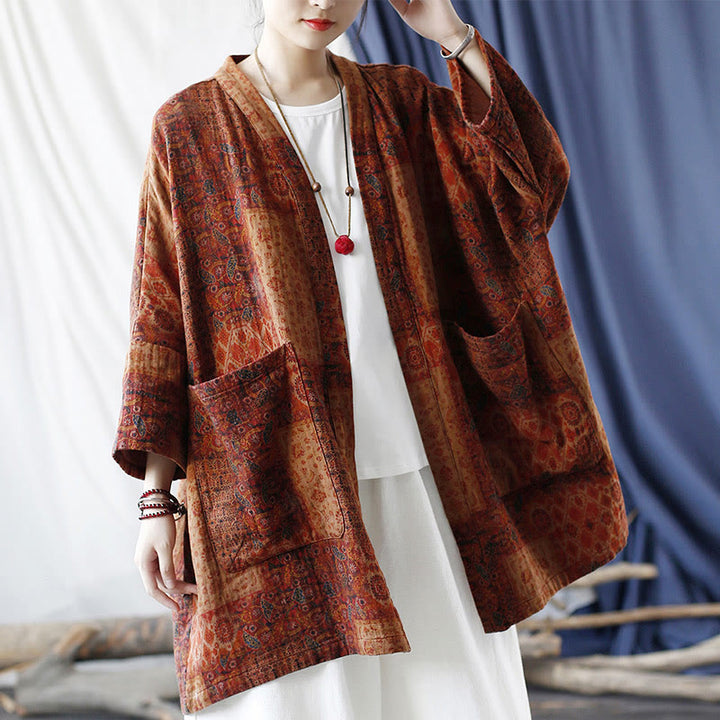 Buddha Stones – Orangefarbene Baumwolljacke mit geometrischem Blumenmuster und offener Vorderseite und Taschen - image 19