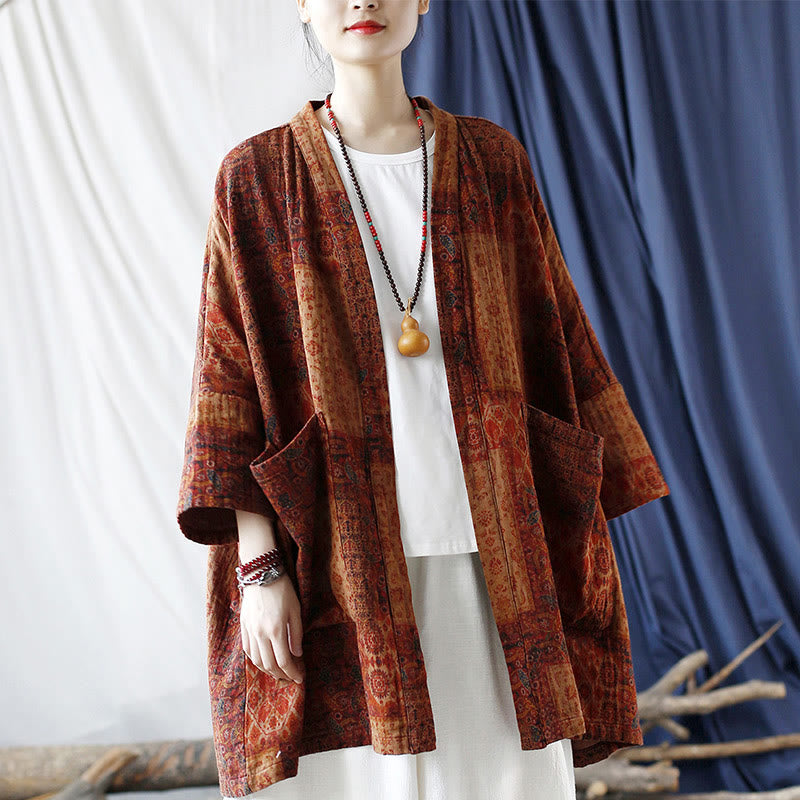 Buddha Stones – Orangefarbene Baumwolljacke mit geometrischem Blumenmuster und offener Vorderseite und Taschen - image 20