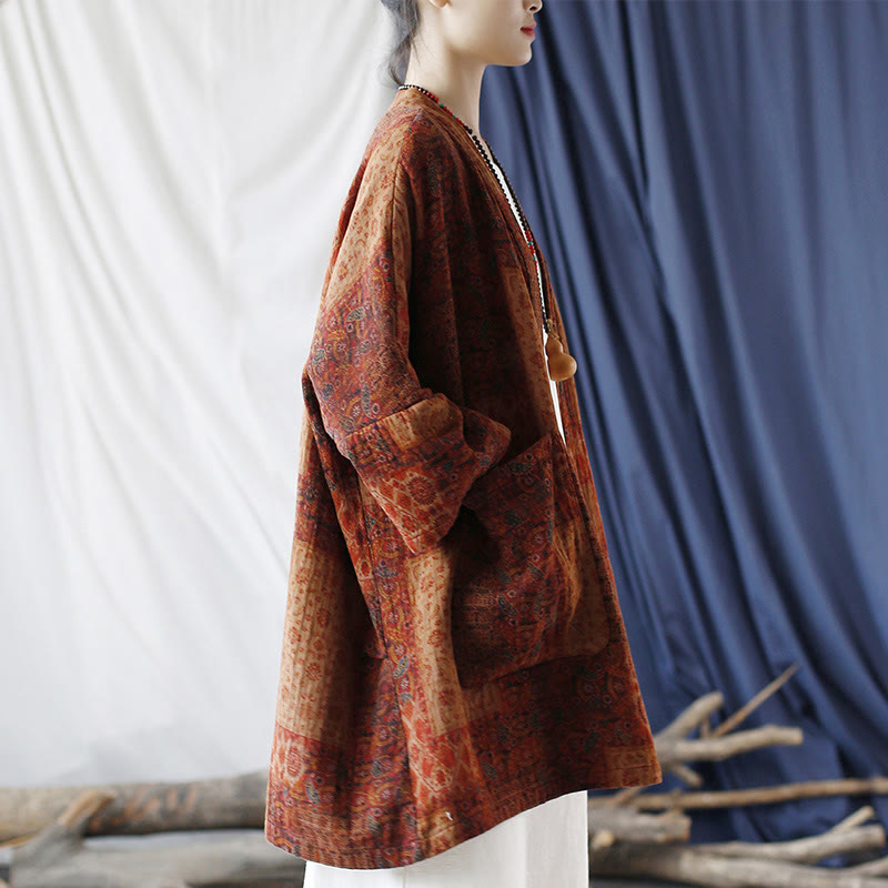 Buddha Stones – Orangefarbene Baumwolljacke mit geometrischem Blumenmuster und offener Vorderseite und Taschen - image 2