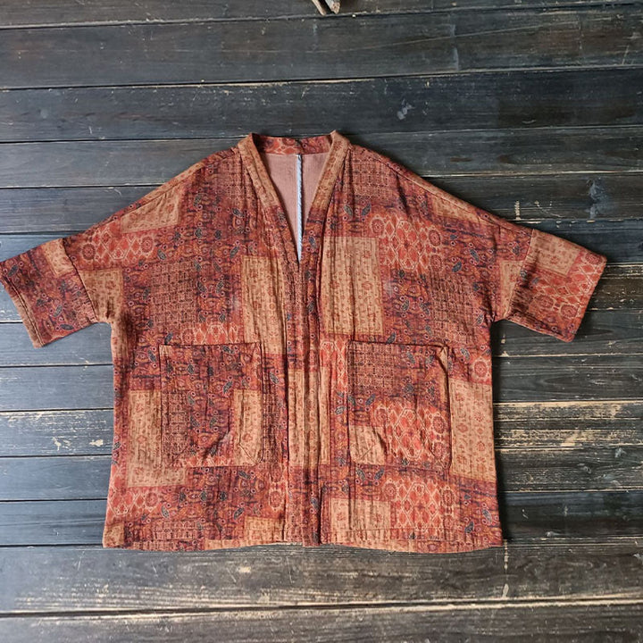 Buddha Stones – Orangefarbene Baumwolljacke mit geometrischem Blumenmuster und offener Vorderseite und Taschen - image 15