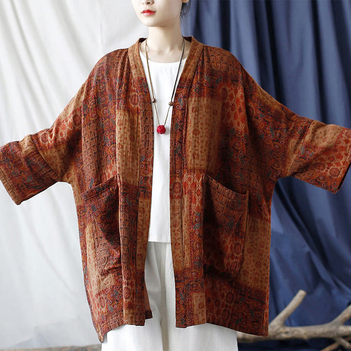 Buddha Stones – Orangefarbene Baumwolljacke mit geometrischem Blumenmuster und offener Vorderseite und Taschen - image 5
