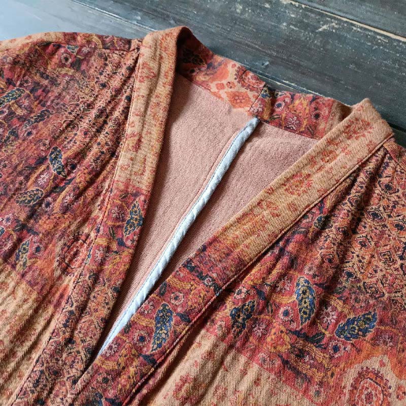 Buddha Stones – Orangefarbene Baumwolljacke mit geometrischem Blumenmuster und offener Vorderseite und Taschen - image 8
