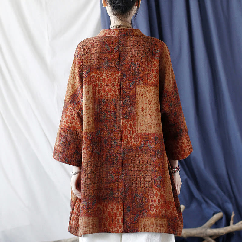 Buddha Stones – Orangefarbene Baumwolljacke mit geometrischem Blumenmuster und offener Vorderseite und Taschen - image 3