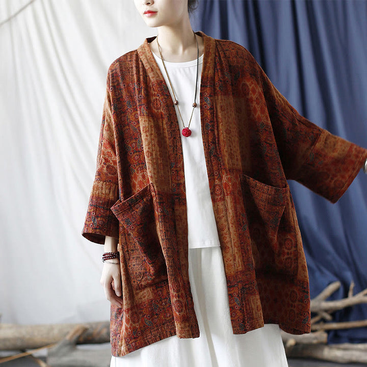 Buddha Stones – Orangefarbene Baumwolljacke mit geometrischem Blumenmuster und offener Vorderseite und Taschen - image 22