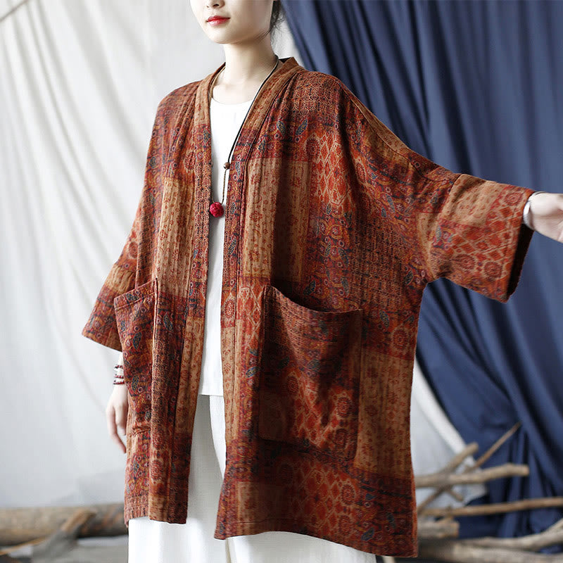Buddha Stones – Orangefarbene Baumwolljacke mit geometrischem Blumenmuster und offener Vorderseite und Taschen - image 4