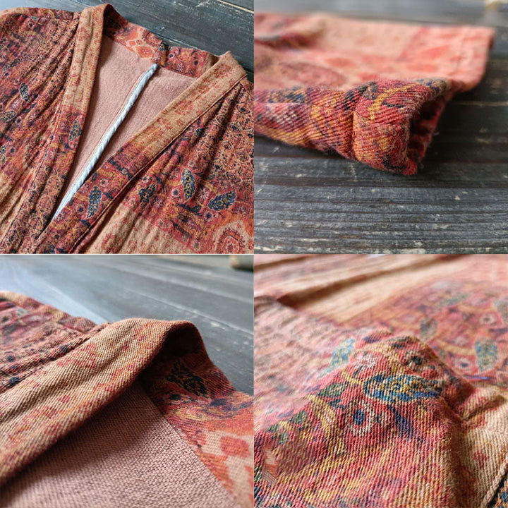 Buddha Stones – Orangefarbene Baumwolljacke mit geometrischem Blumenmuster und offener Vorderseite und Taschen - image 7