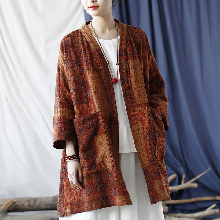 Buddha Stones – Orangefarbene Baumwolljacke mit geometrischem Blumenmuster und offener Vorderseite und Taschen - image 25