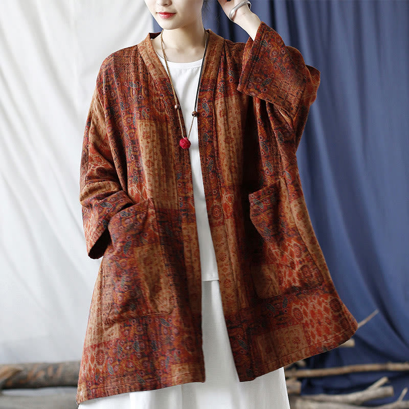 Buddha Stones – Orangefarbene Baumwolljacke mit geometrischem Blumenmuster und offener Vorderseite und Taschen - image 26