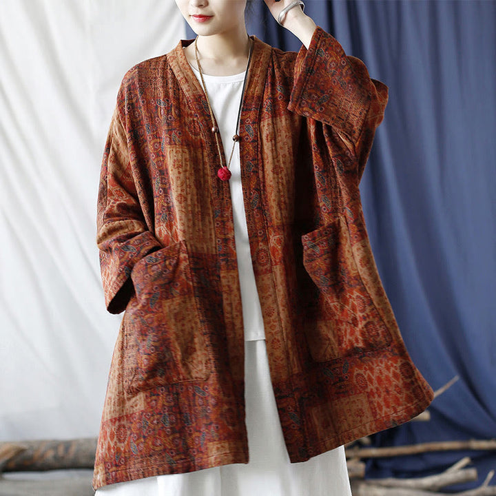 Buddha Stones – Orangefarbene Baumwolljacke mit geometrischem Blumenmuster und offener Vorderseite und Taschen - image 26