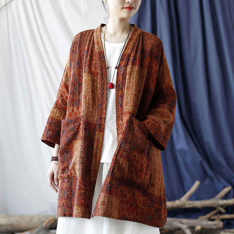 Buddha Stones – Orangefarbene Baumwolljacke mit geometrischem Blumenmuster und offener Vorderseite und Taschen - US4-14， UK/AU8-18，EU36-46 (F)-Nur Jacke - image 0