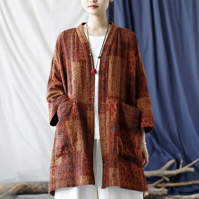 Buddha Stones – Orangefarbene Baumwolljacke mit geometrischem Blumenmuster und offener Vorderseite und Taschen - image 23