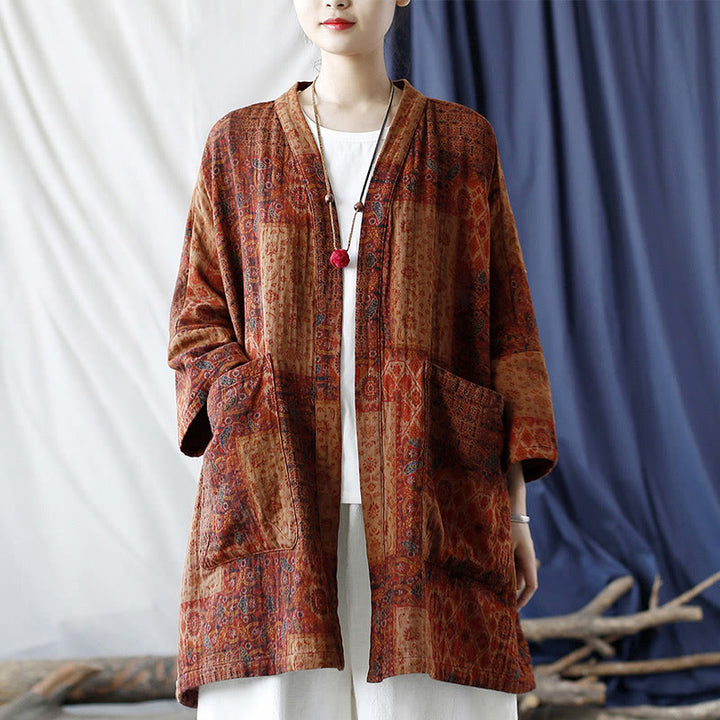 Buddha Stones – Orangefarbene Baumwolljacke mit geometrischem Blumenmuster und offener Vorderseite und Taschen - image 23