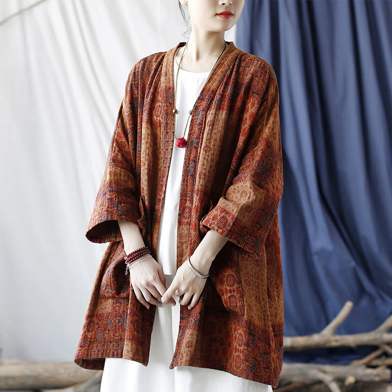 Buddha Stones – Orangefarbene Baumwolljacke mit geometrischem Blumenmuster und offener Vorderseite und Taschen - image 24