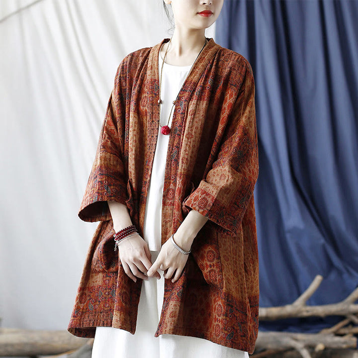 Buddha Stones – Orangefarbene Baumwolljacke mit geometrischem Blumenmuster und offener Vorderseite und Taschen - image 24
