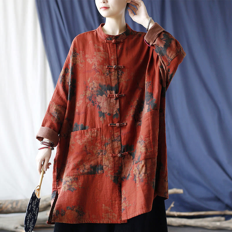 Buddha Stones – Jacke aus Baumwollleinen mit Pfingstrosenblüten in Orange und Froschknopf-Optik und Taschen - image 19