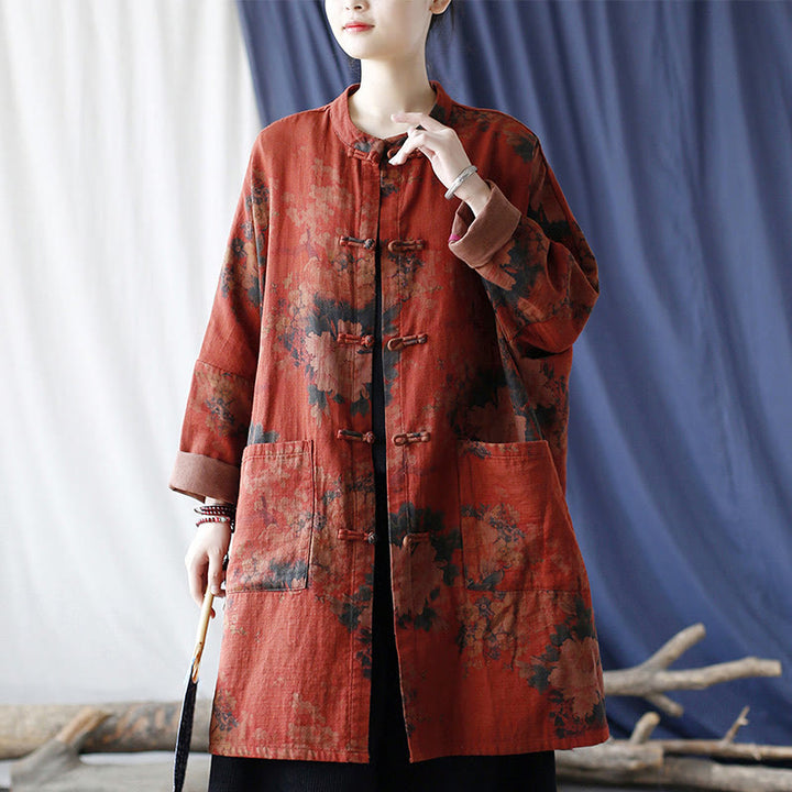 Buddha Stones, orangefarbene Pfingstrosenblume, offene Jacke mit Froschknopfleiste und Taschen - image 17