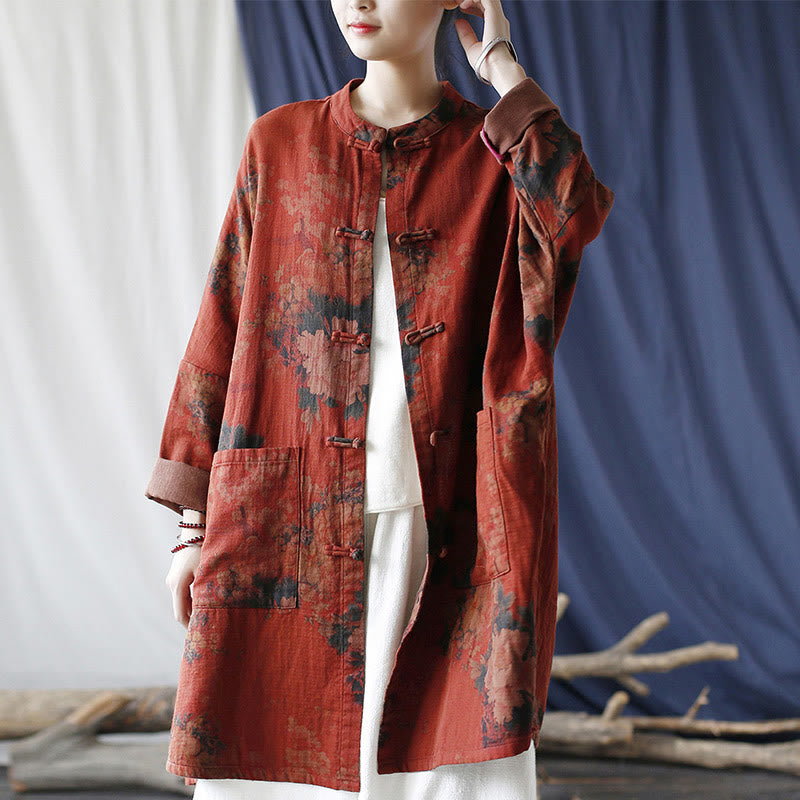 Buddha Stones, orangefarbene Pfingstrosenblume, offene Jacke mit Froschknopfleiste und Taschen - image 5