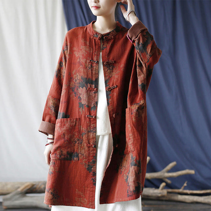 Buddha Stones, orangefarbene Pfingstrosenblume, offene Jacke mit Froschknopfleiste und Taschen - image 5