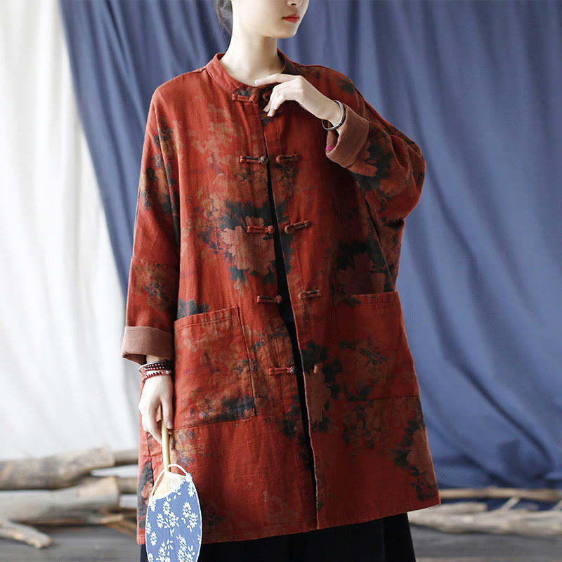 Buddha Stones – Jacke aus Baumwollleinen mit Pfingstrosenblüten in Orange und Froschknopf-Optik und Taschen - image 1
