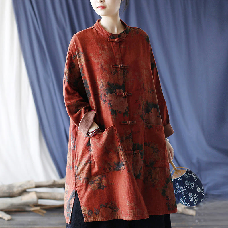 Buddha Stones – Jacke aus Baumwollleinen mit Pfingstrosenblüten in Orange und Froschknopf-Optik und Taschen - image 18