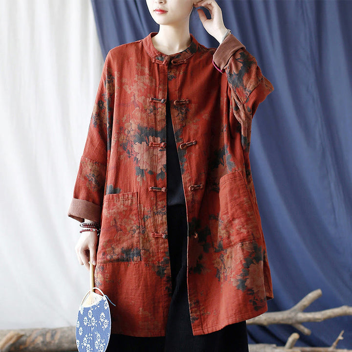 Buddha Stones, orangefarbene Pfingstrosenblume, offene Jacke mit Froschknopfleiste und Taschen - image 20