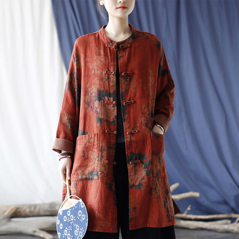 Buddha Stones, orangefarbene Pfingstrosenblume, offene Jacke mit Froschknopfleiste und Taschen - image 16