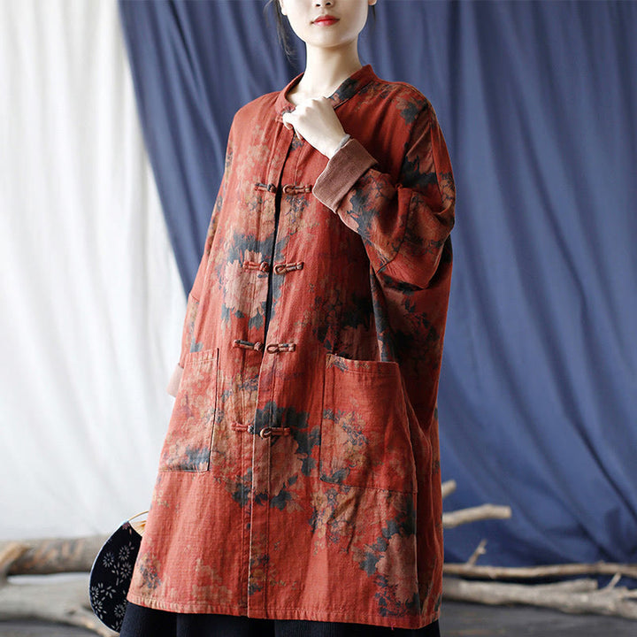 Buddha Stones, orangefarbene Pfingstrosenblume, offene Jacke mit Froschknopfleiste und Taschen - image 6