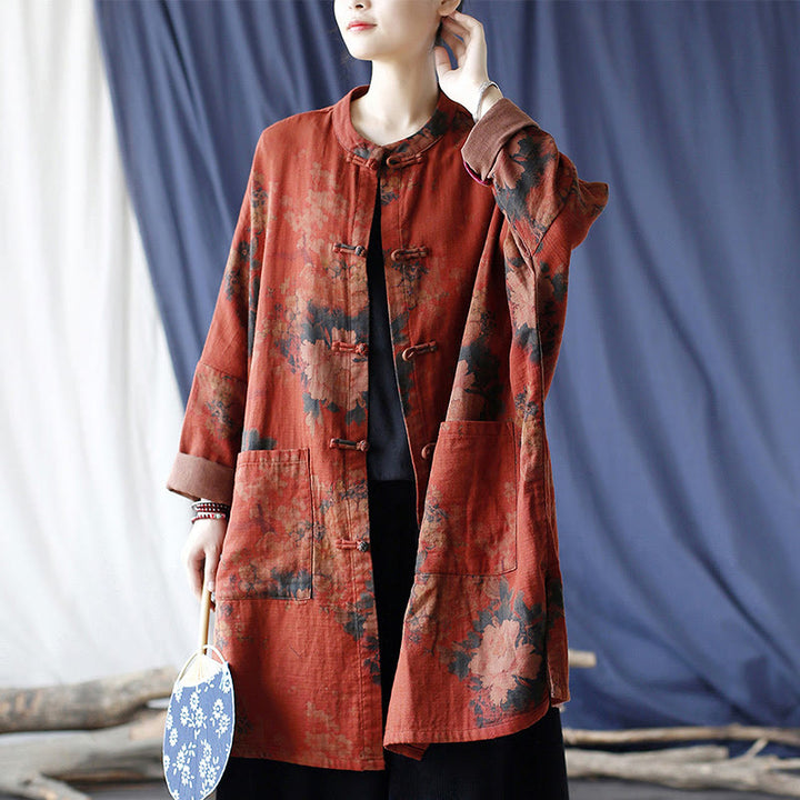 Buddha Stones – Jacke aus Baumwollleinen mit Pfingstrosenblüten in Orange und Froschknopf-Optik und Taschen - US4-14, UK/AU8-18, EU36-46 (F) - image 0