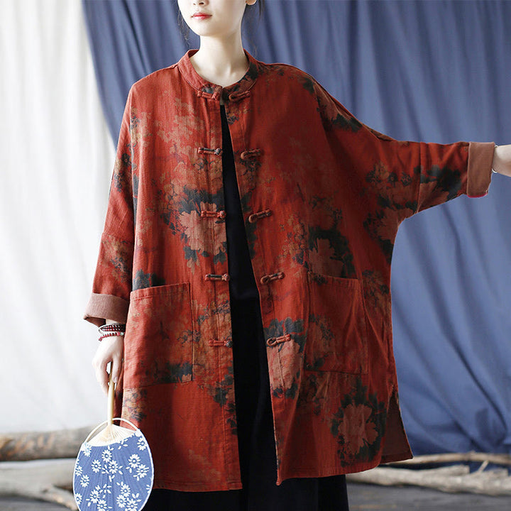 Buddha Stones, orangefarbene Pfingstrosenblume, offene Jacke mit Froschknopfleiste und Taschen - image 21
