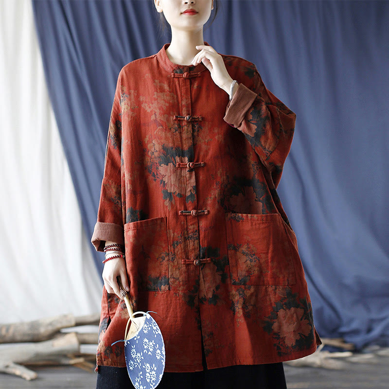 Buddha Stones – Jacke aus Baumwollleinen mit Pfingstrosenblüten in Orange und Froschknopf-Optik und Taschen - image 22