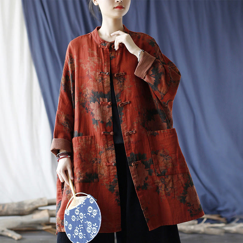 Buddha Stones, orangefarbene Pfingstrosenblume, offene Jacke mit Froschknopfleiste und Taschen - image 24