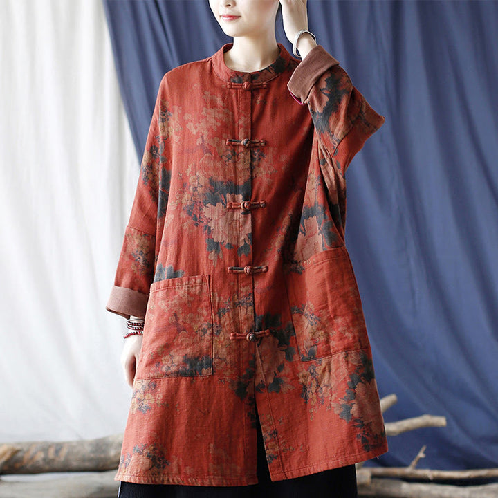 Buddha Stones – Jacke aus Baumwollleinen mit Pfingstrosenblüten in Orange und Froschknopf-Optik und Taschen - image 15