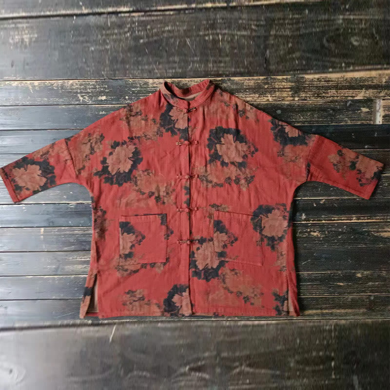 Buddha Stones, orangefarbene Pfingstrosenblume, offene Jacke mit Froschknopfleiste und Taschen - image 13