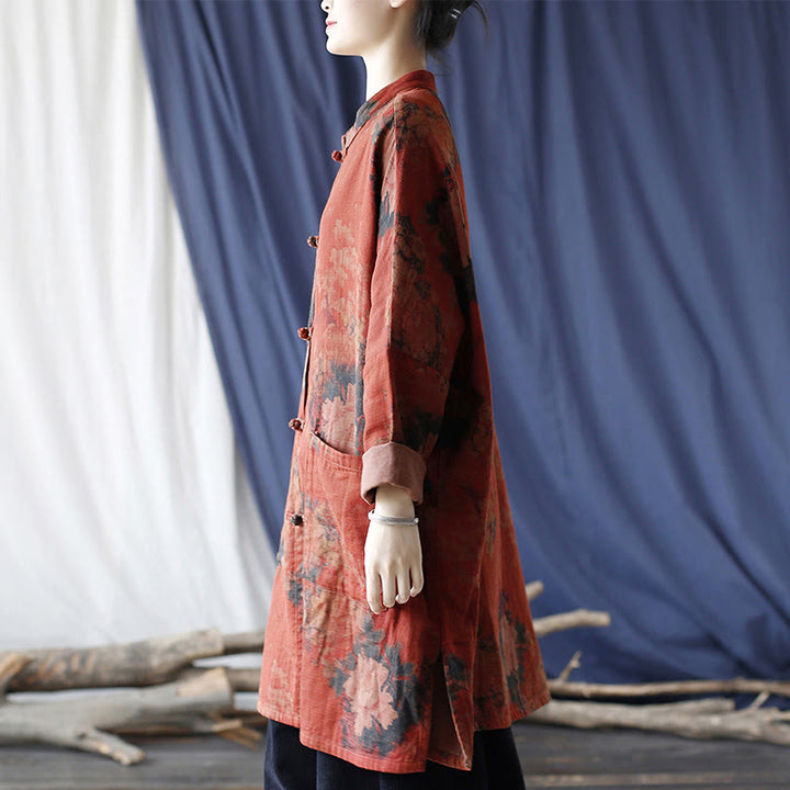 Buddha Stones – Jacke aus Baumwollleinen mit Pfingstrosenblüten in Orange und Froschknopf-Optik und Taschen - image 4