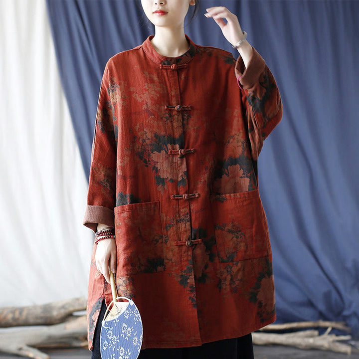 Buddha Stones, orangefarbene Pfingstrosenblume, offene Jacke mit Froschknopfleiste und Taschen - image 23