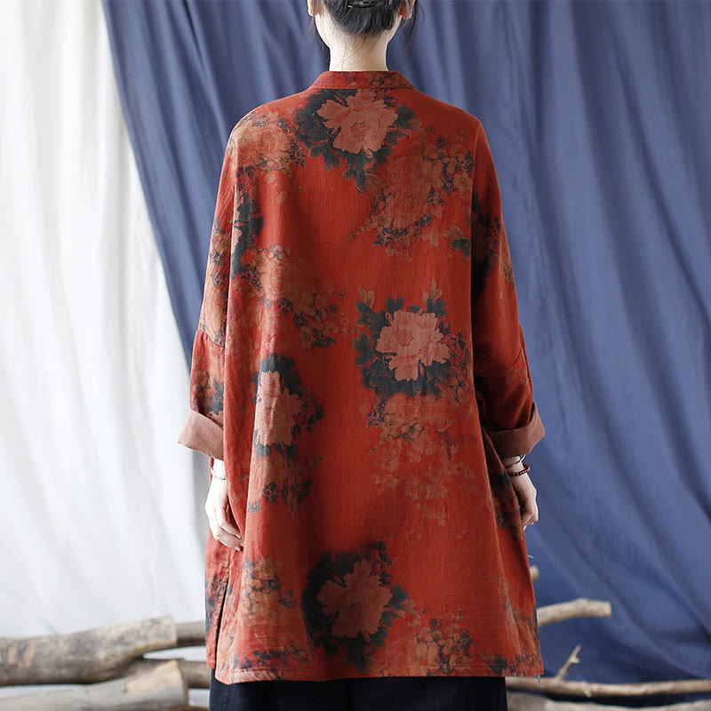 Buddha Stones – Jacke aus Baumwollleinen mit Pfingstrosenblüten in Orange und Froschknopf-Optik und Taschen - image 3