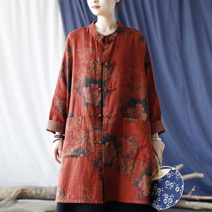 Buddha Stones – Jacke aus Baumwollleinen mit Pfingstrosenblüten in Orange und Froschknopf-Optik und Taschen - image 25