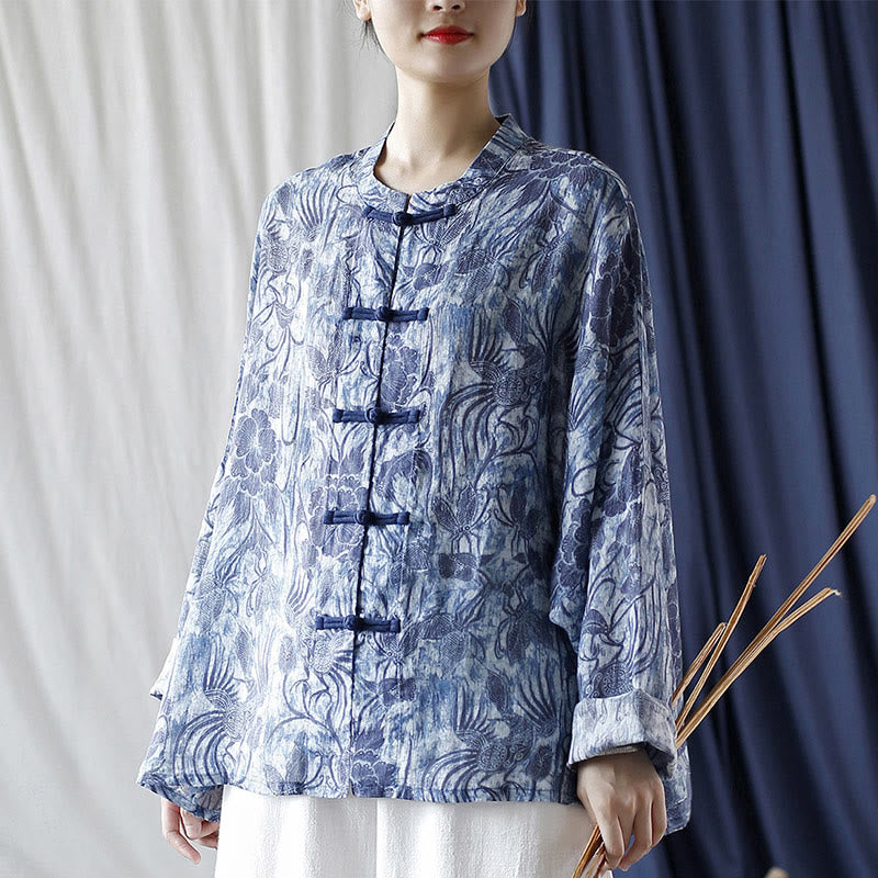 Buddha Stones Retro Blau Weiß Blumen Frosch-Knopf Design Langarm Ramie Leinen Jacke Hemd - image 15