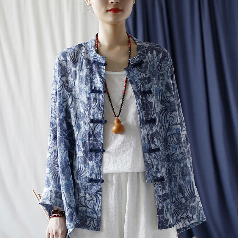 Buddha Stones Retro Blau Weiß Blumen Frosch-Knopf Design Langarm Ramie Leinen Jacke Hemd - image 16