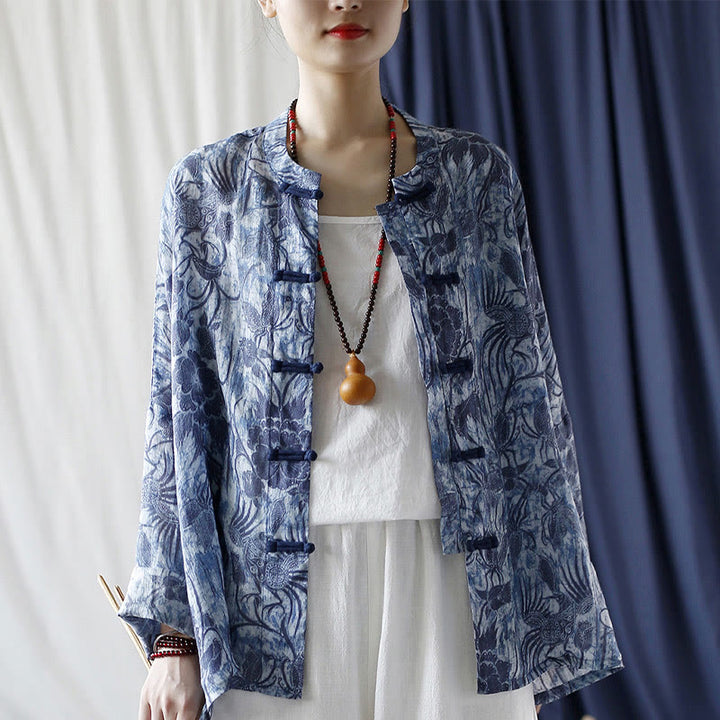 Buddha Stones Retro Blau Weiß Blumen Frosch-Knopf Design Langarm Ramie Leinen Jacke Hemd - image 16