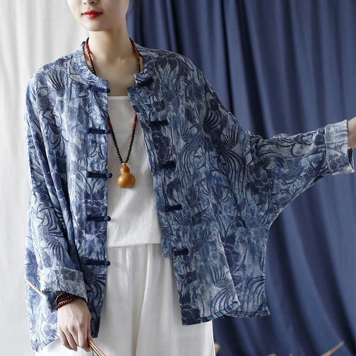 Buddha Stones Retro Blau Weiß Blumen Frosch-Knopf Design Langarm Ramie Leinen Jacke Hemd - image 17