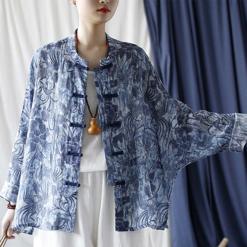 Buddha Stones Retro Blau Weiß Blumen Frosch-Knopf Design Langarm Ramie Leinen Jacke Hemd - image 1