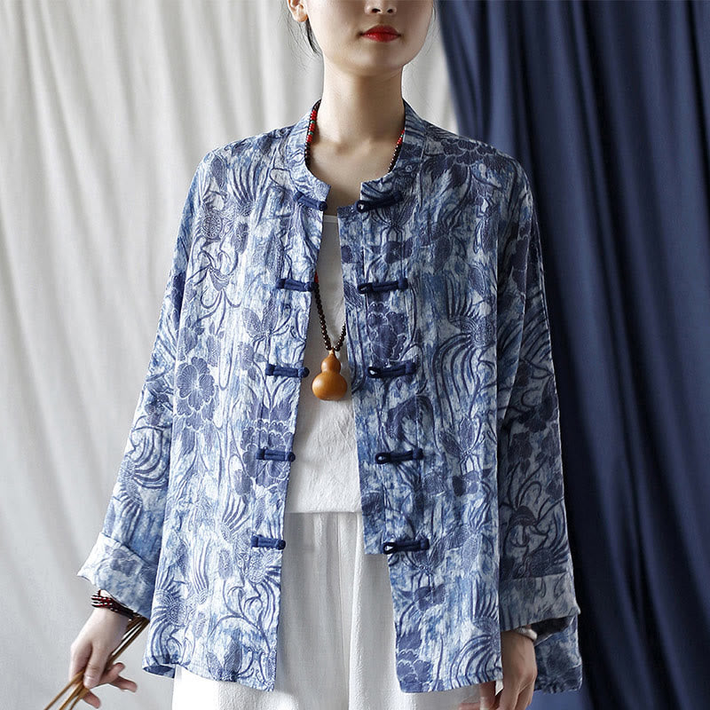 Buddha Stones Retro Blau Weiß Blumen Frosch-Knopf Design Langarm Ramie Leinen Jacke Hemd - image 20