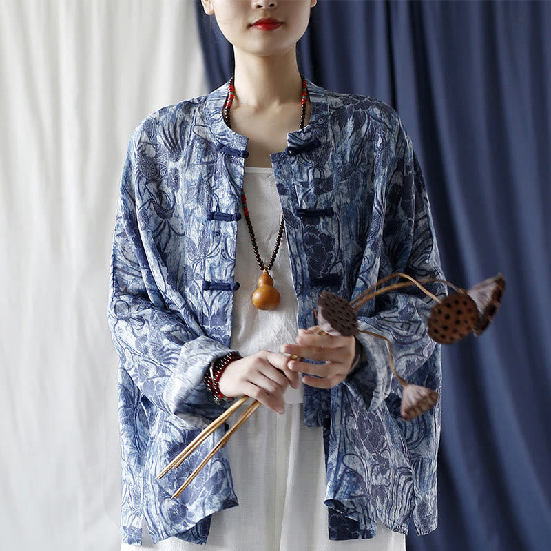 Buddha Stones Retro Blau Weiß Blumen Frosch-Knopf Design Langarm Ramie Leinen Jacke Hemd - image 19